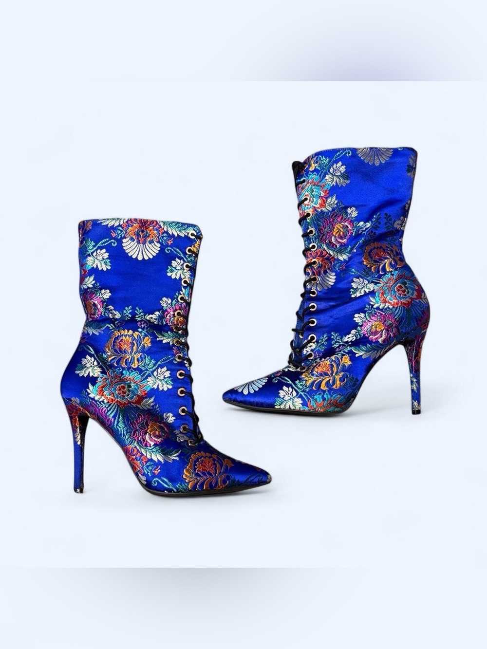 Blue Floral Pointed Toe Boots by Anne Michelle!